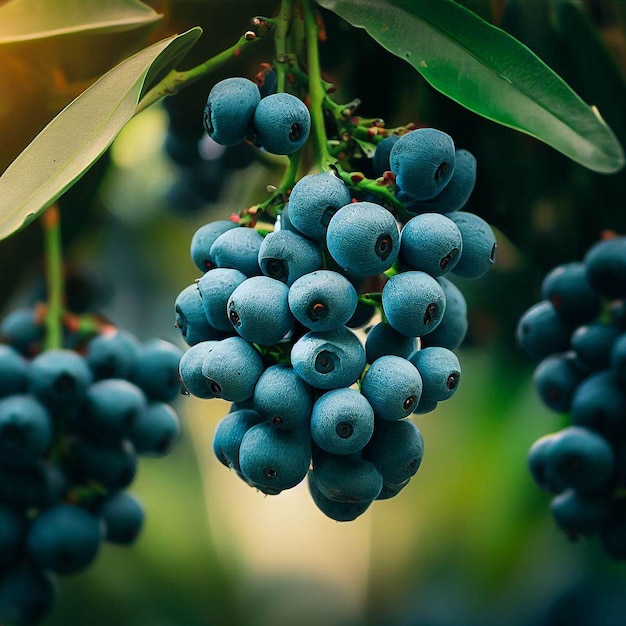 A bunch of blue berries hang from a tree.