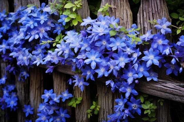 A bunch of blue flowers that are on a fence