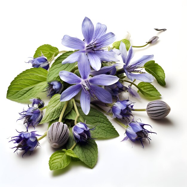 a bunch of blue flowers with a butterfly on the top