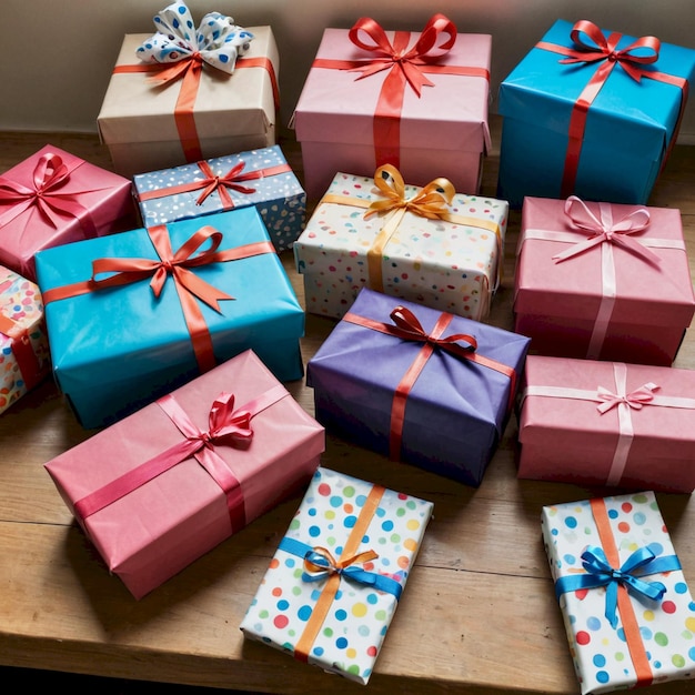 a bunch of blue gift boxes with a red bow on them