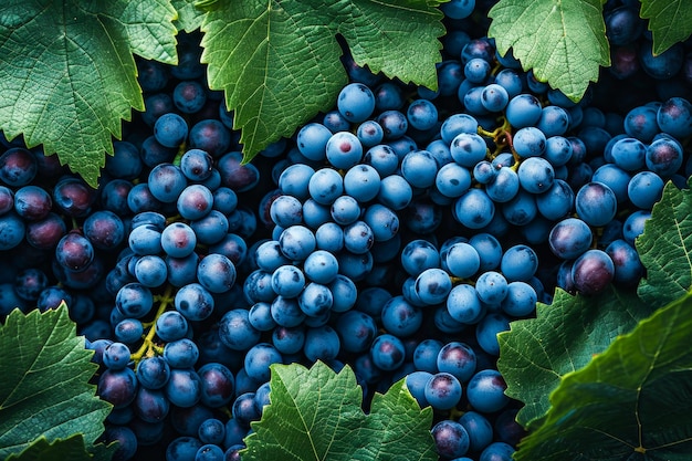 Bunch of blue grapes on green leaf