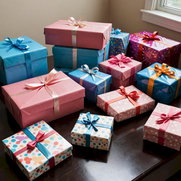 a bunch of blue and pink presents with a colorful ribbon on them