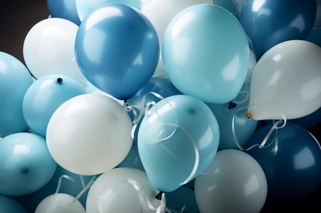 A bunch of blue and white balloons with one that says'happy birthday '