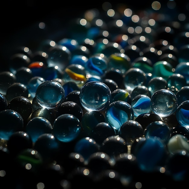 Photo a bunch of blue and yellow marbles are on a table