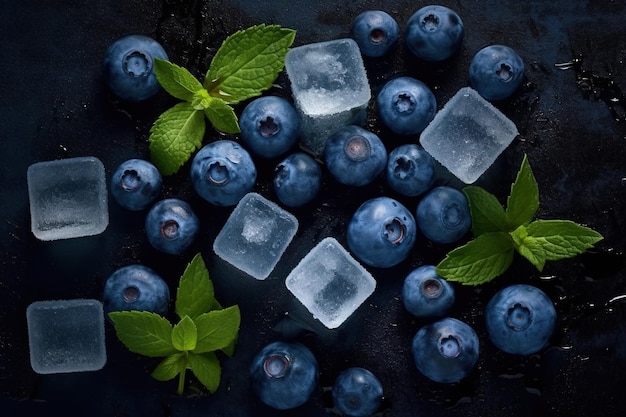 A bunch of blueberries with blue green ice cubes and mint leaves on dark background Generative AI