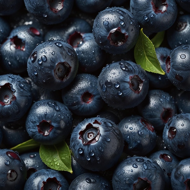 a bunch of blueberries with a green leaf on it