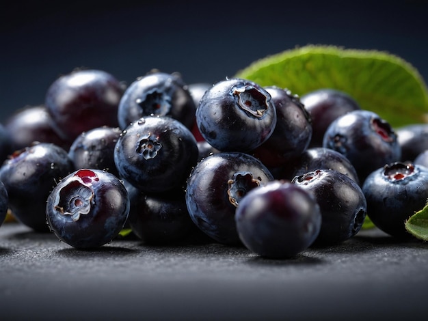 a bunch of blueberries with a green leaf on it