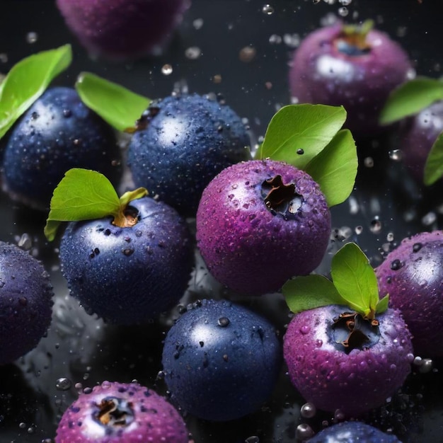 Photo a bunch of blueberries with green leaves and a black background