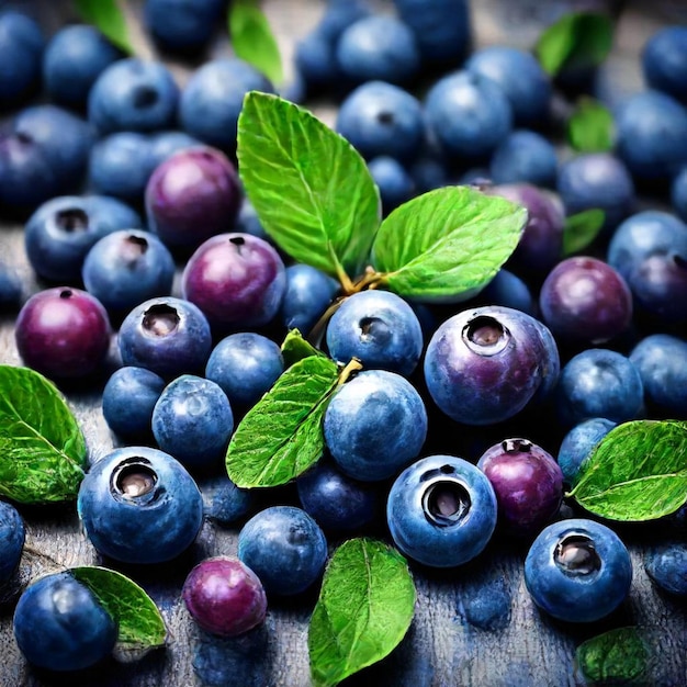 a bunch of blueberries with green leaves on them