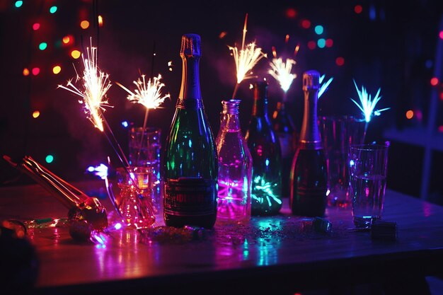 Photo a bunch of bottles with fireworks and a bottle of alcohol