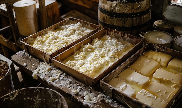 Photo a bunch of boxes of cheese are on a table