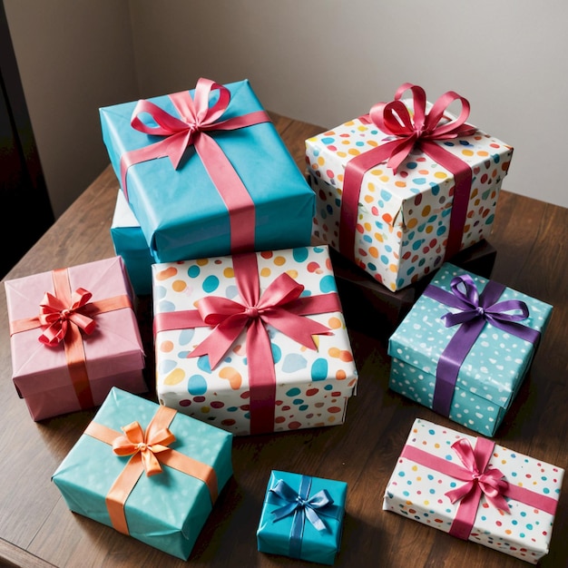 a bunch of boxes with a blue and red ribbon around them