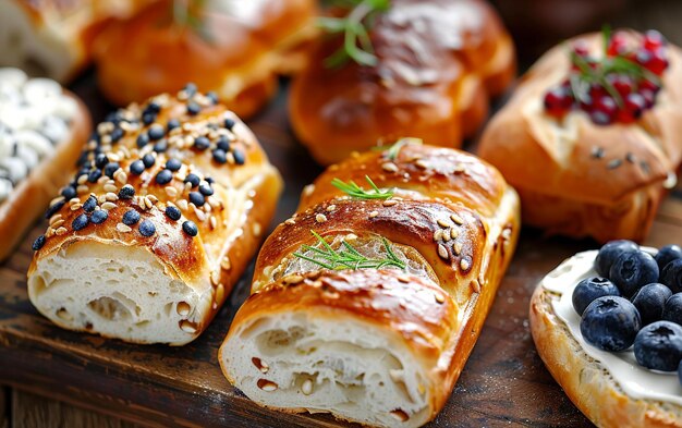 Photo a bunch of breads with a black and white speckled top and a black and white bagel on top