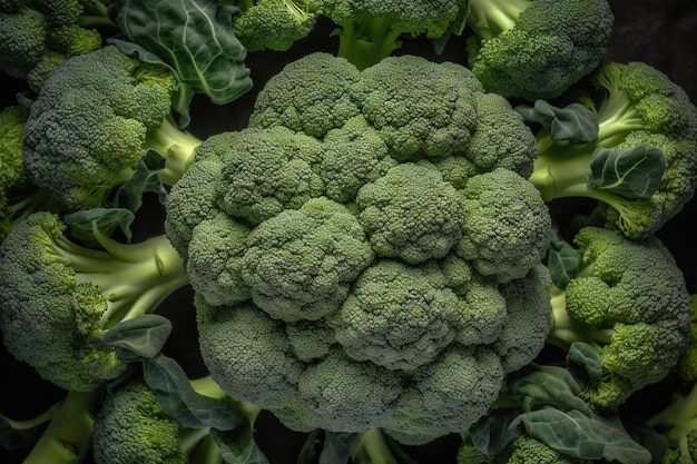 A bunch of broccoli is shown on a black background