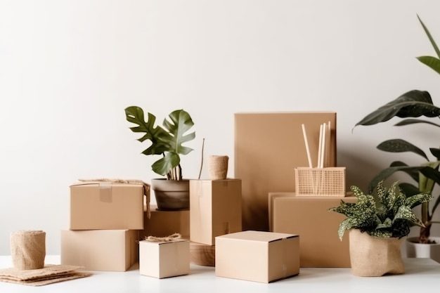 A bunch of brown cardboard boxes on a white table with a plant in the background.