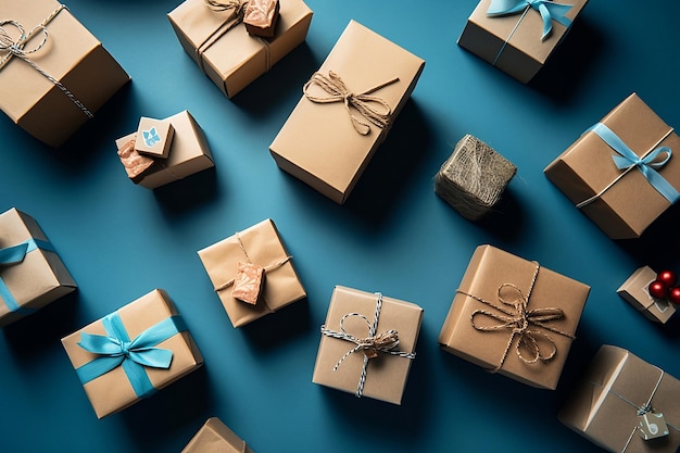 A bunch of brown gift boxes with blue ribbon tied with a bow on top of them.