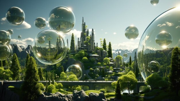 A bunch of bubbles floating over a lush green hillside dreamy green sustainable living in harmony with nature