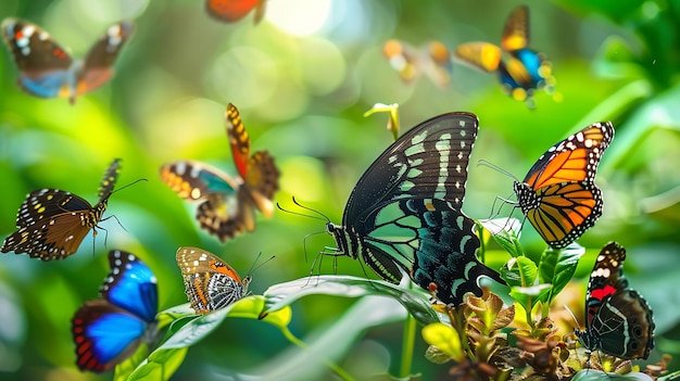 a bunch of butterflies are on some flowers and one has a blue butterfly on it