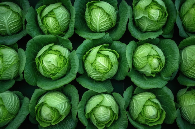 A bunch of cabbages are displayed in a garden