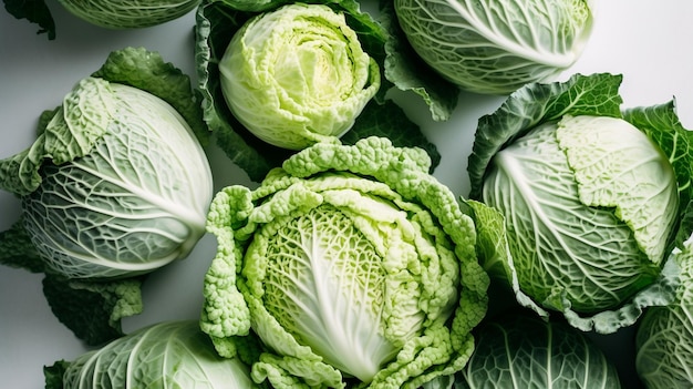 A bunch of cabbages are on a table.