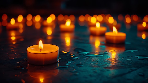 a bunch of candles that are on a table with water drops