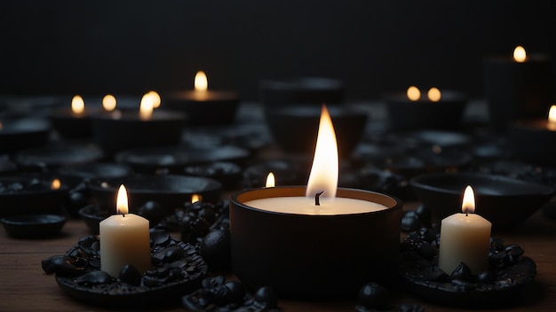 a bunch of candles with black flowers and candles in the middle