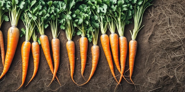 A bunch of carrots are lined up on a brown surface.