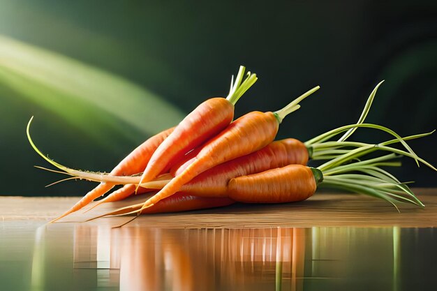 A bunch of carrots with green leaves on a wooden surface