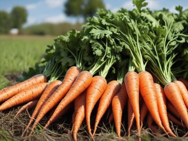 A bunch of carrots with green tops on top of them