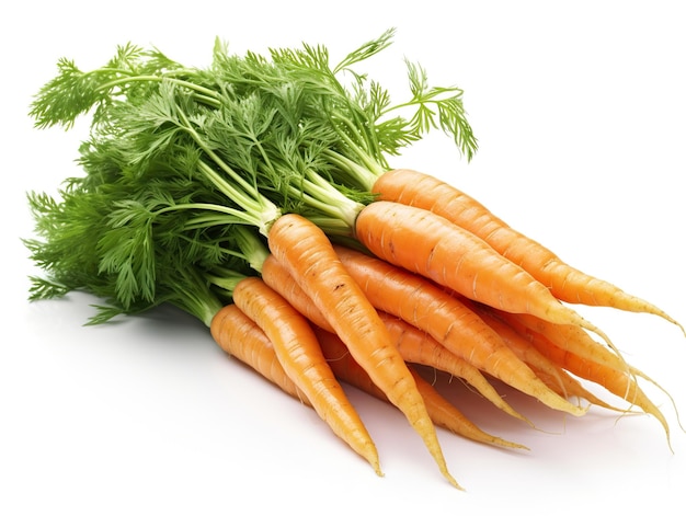 A bunch of carrots with green tops on a white background