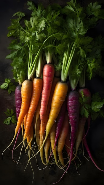 A bunch of carrots with the top one being a bunch of green.