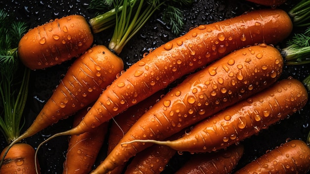 A bunch of carrots with water droplets on them