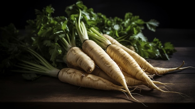 A bunch of carrots on a wooden table with one that says'parsnip '