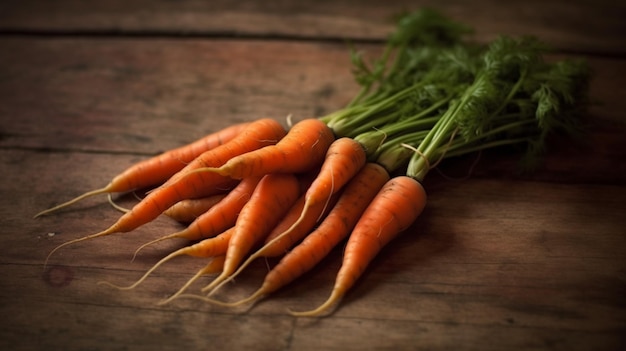 A bunch of carrots on a wooden table