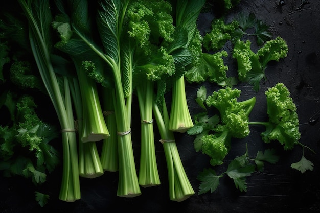 A bunch of celery on a black background