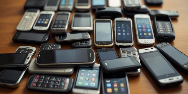 a bunch of cell phones are on a table with one that says cell phone