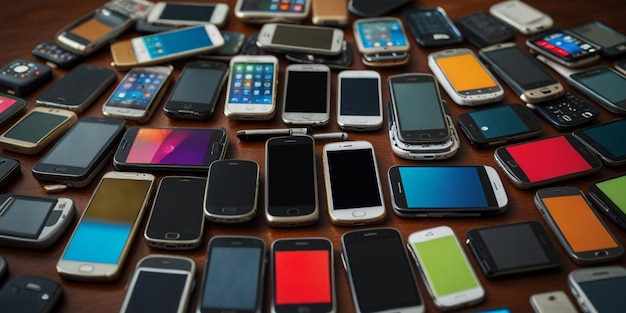 a bunch of cell phones that are on a table