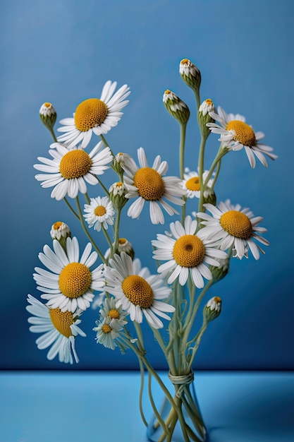 Bunch of chamomile flowers over blue background Illustration AI Generative