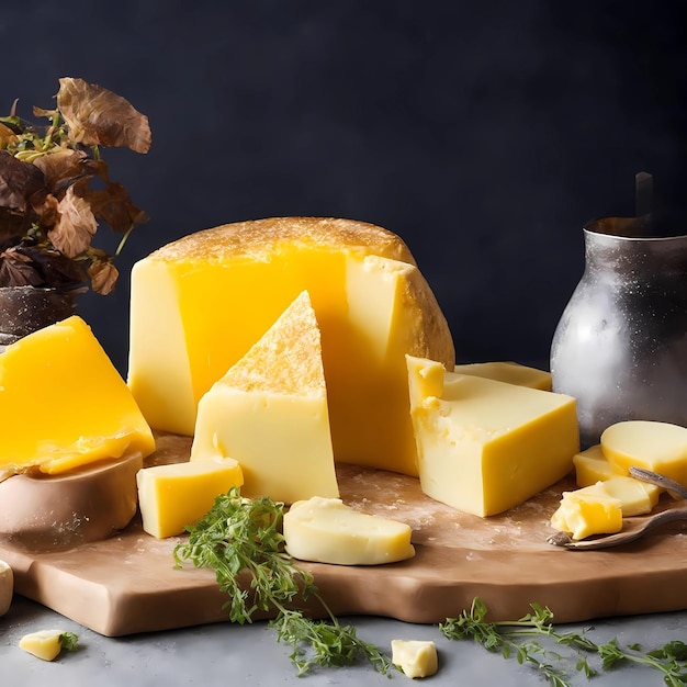 a bunch of cheeses are on a cutting board with a plant in the background.