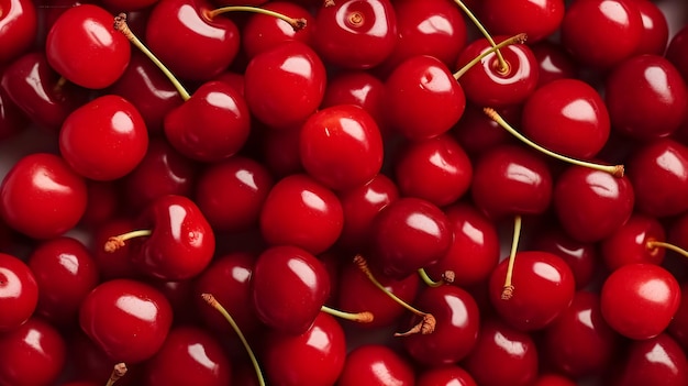 A bunch of cherries are shown in a basket.