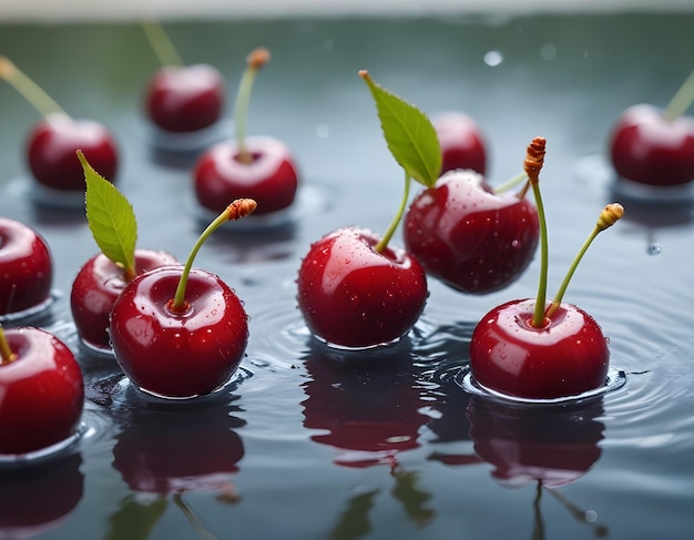 a bunch of cherries with a green leaf in the middle