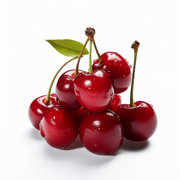 a bunch of cherries with a green leaf on the stem