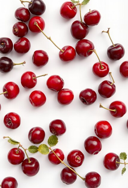 Photo a bunch of cherries with a green leaf on the top