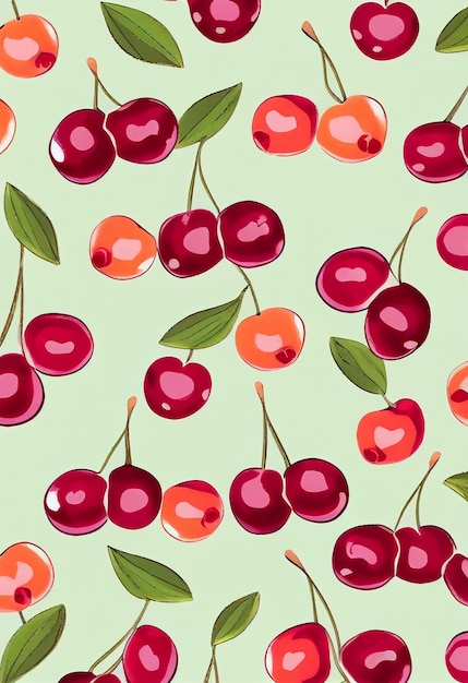 Photo a bunch of cherries with green leaves on a green background.