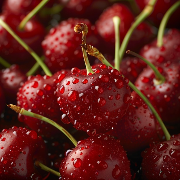 a bunch of cherries with water drops on them