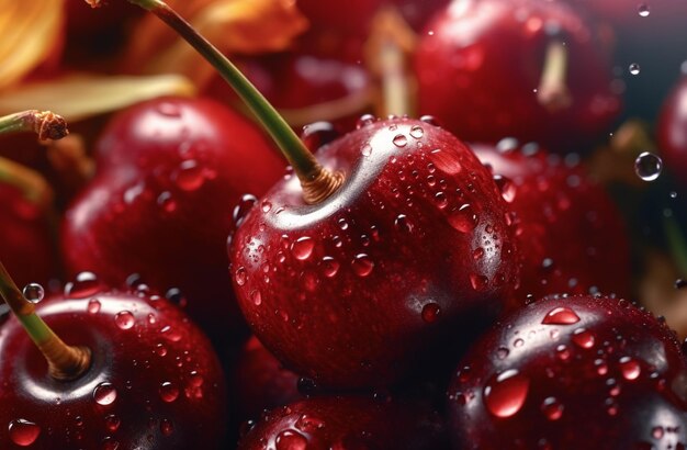 a bunch of cherries with water drops on them