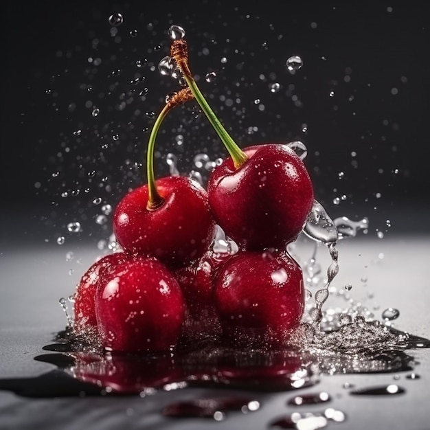 A bunch of cherries with water drops on them