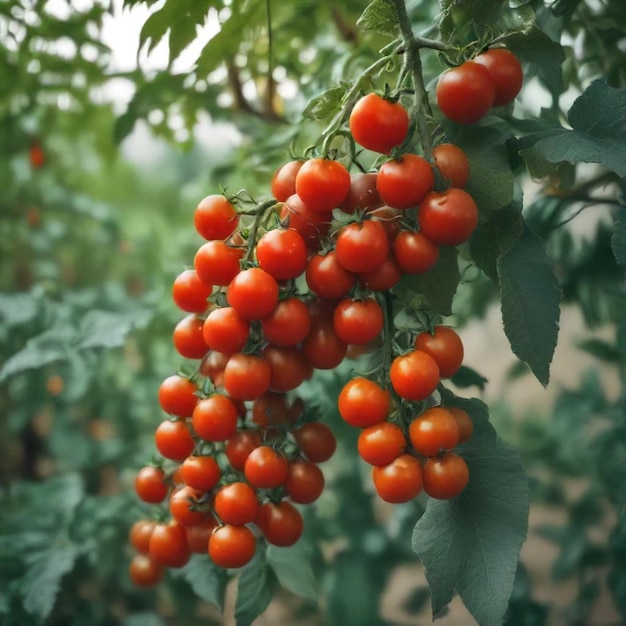 a bunch of cherry tomatoes are growing on a tree