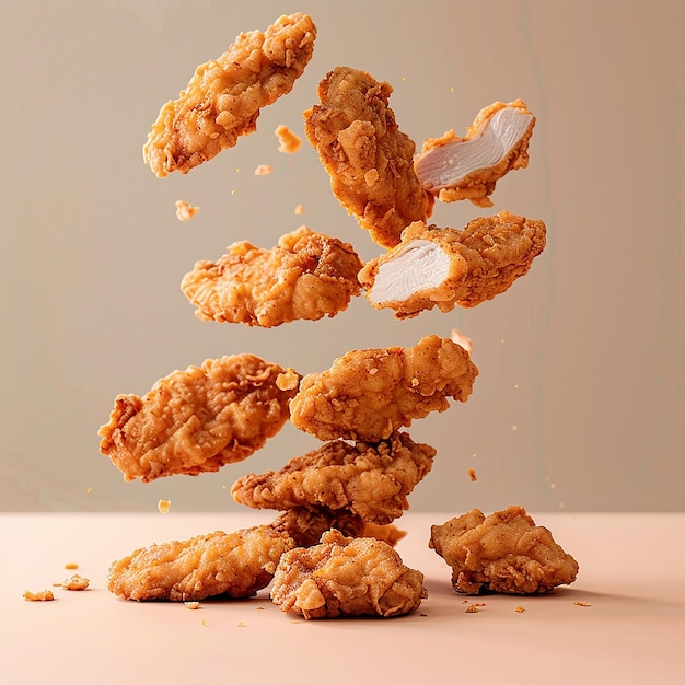 a bunch of chicken nuggets are in the air and the word chicken is on the bottom