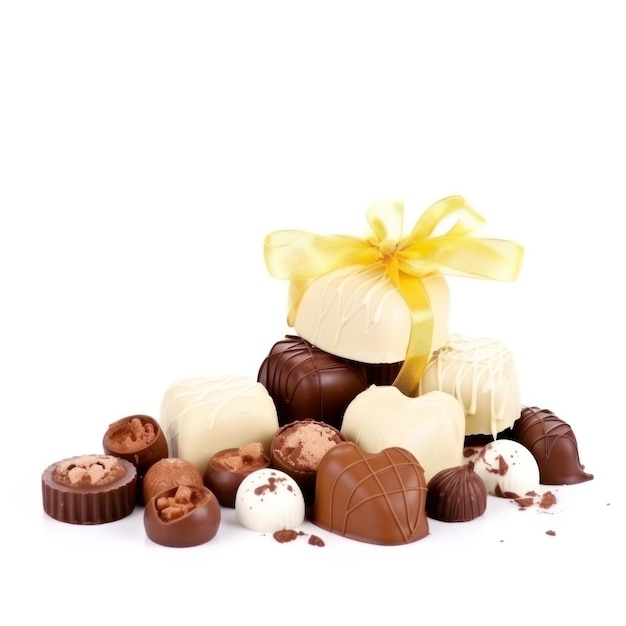 A bunch of chocolates are in a pile with a yellow ribbon around them.